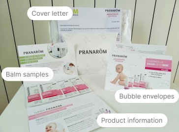 Mailing package — cover letter, balm samples, bubble envelopes, product information